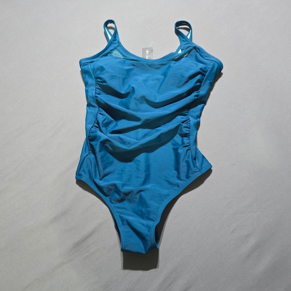 new Tempt Me One Piece Swimsuit Women Large Teal Ruched Scoop Neck V-Back NWT
